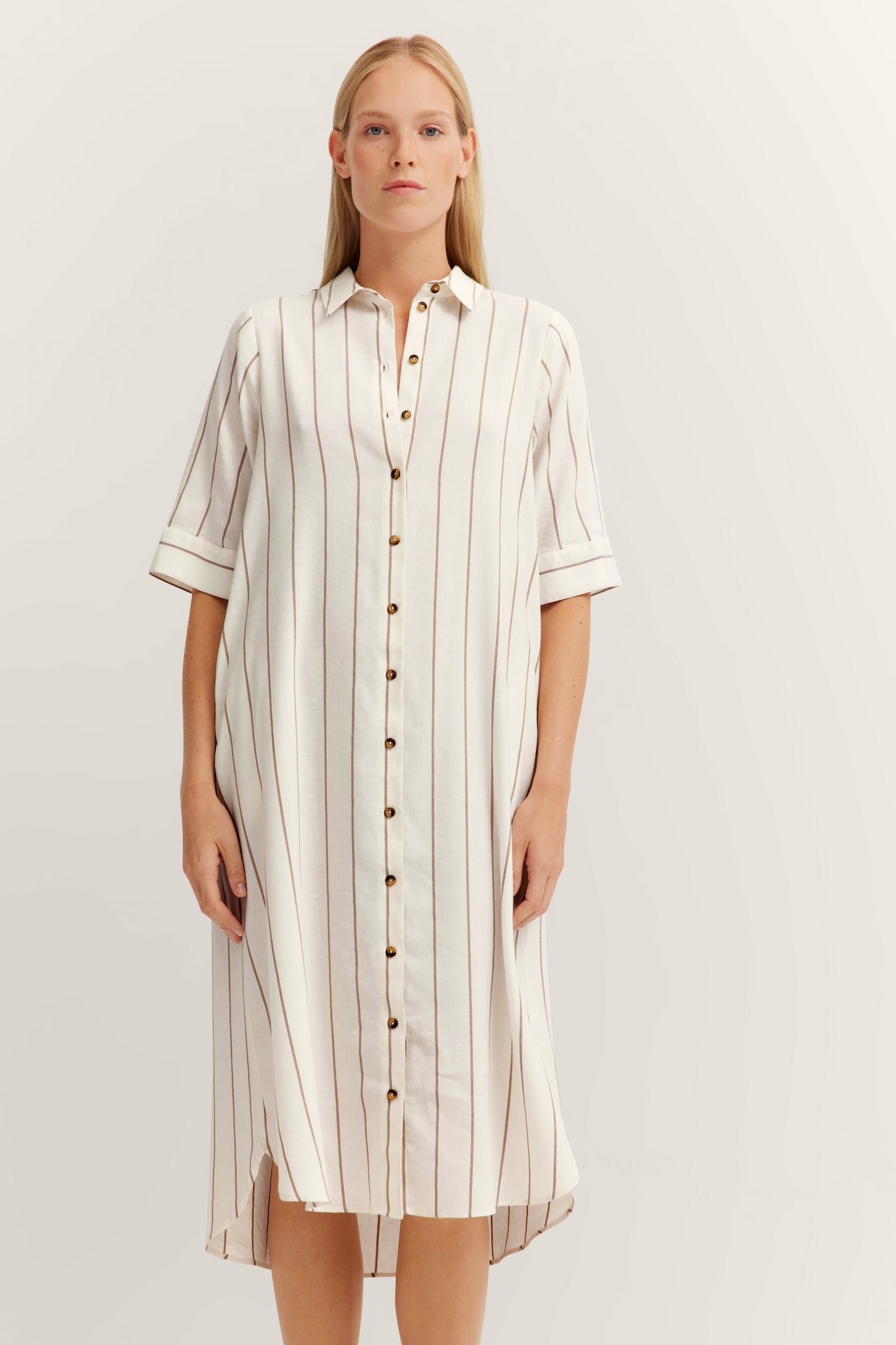 Hemdblusenkleid BUGATTI, Damen, Gr. 46, Normalgrößen, beige (60, taupe), 56% Leinen, 28% Polyester, 14% Viskose, 2% Elasthan, gestreift, normal, Kleider, aus Leinen-Mix Image