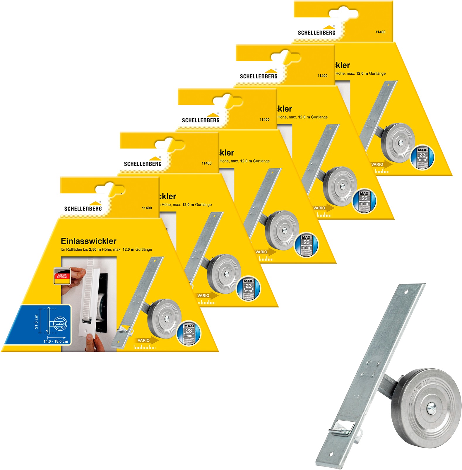 Einlass-Gurtwickler SCHELLENBERG "für das Rollladensystem Maxi, Lochabstand 21,5 cm, Unterputz-Montage", silber, 5 tlg., Gurtwickler, für Rollladengurte mit 23 mm Breite Image