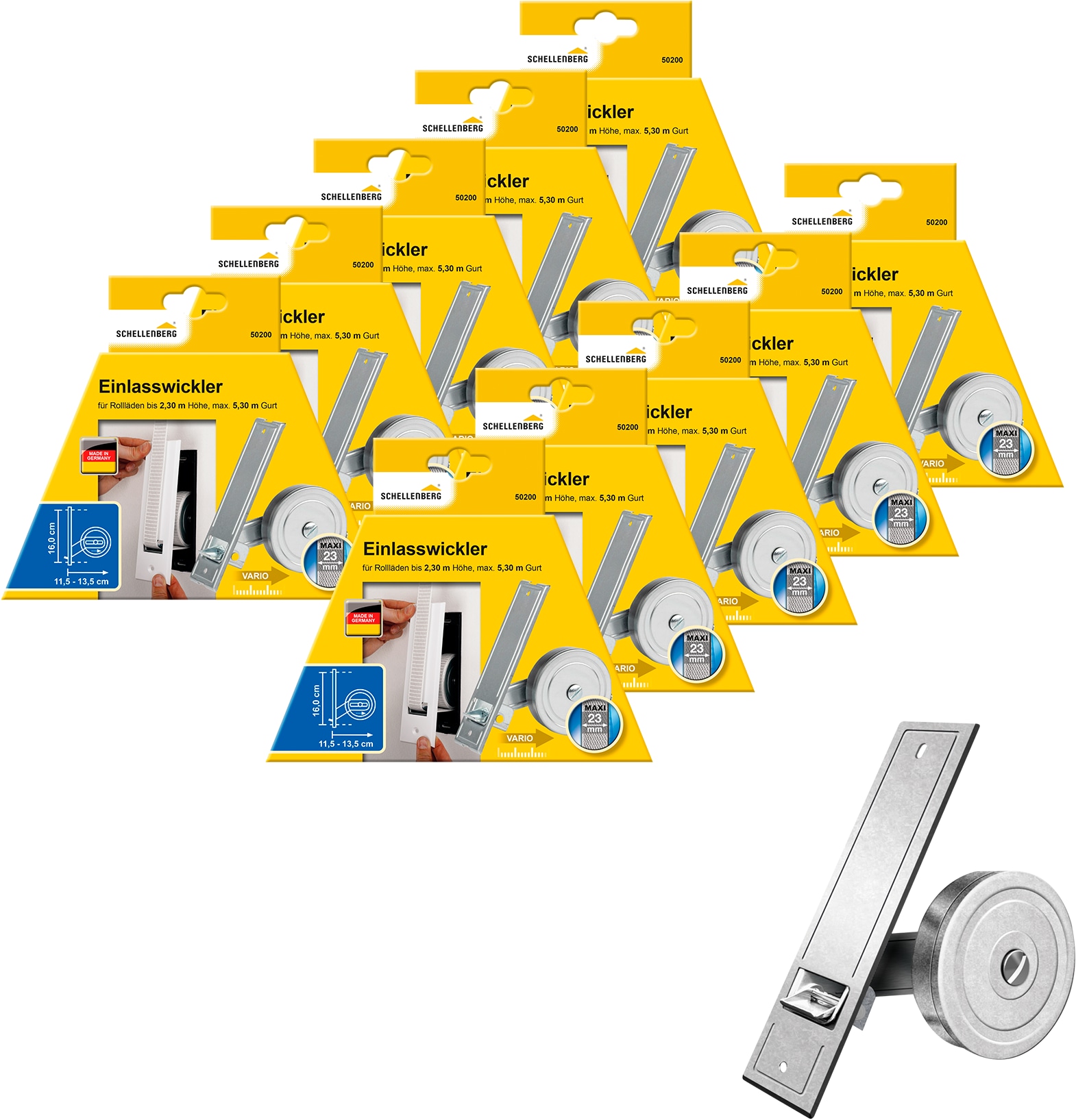 Einlass-Gurtwickler SCHELLENBERG "für das Rollladensystem Maxi, Lochabstand 16 cm, Unterputz-Montage", silber (silberfarben), B:50cm, Gurtwickler, für Rollladengurte mit 23 mm Breite