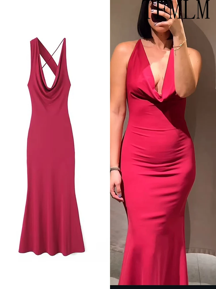 TFMLN Frauen Langes Kleid Sexy Strap Reine Farbe Streetwear Party Club Elegante Dünne Hohl Backless Liebsten Sexy Kleid