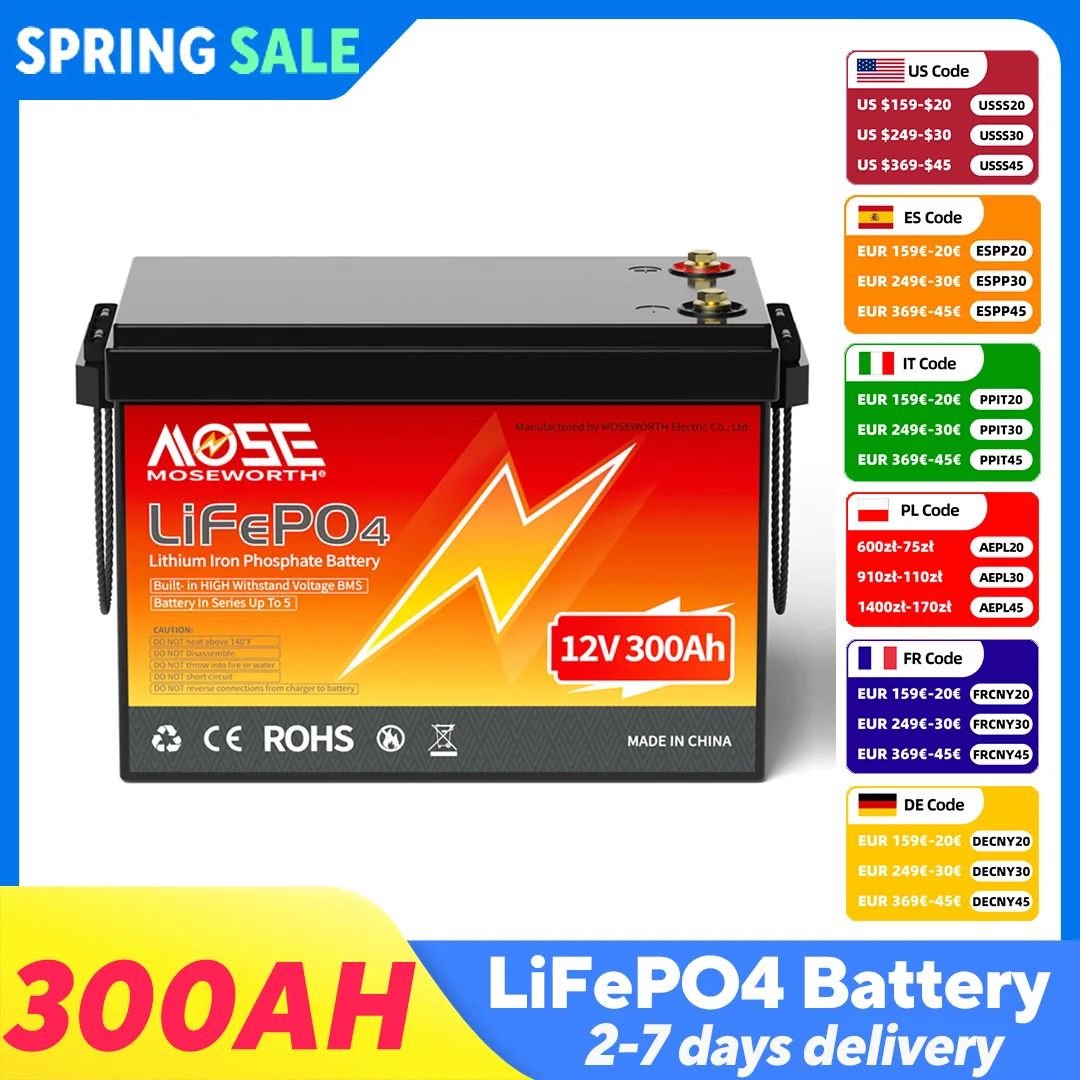 MOSEWORTH 12V 300Ah LiFePO4-Akku mit 200A BMS Lithium-Eisenphosphat-Batterien über 8000 Zyklen für Solar-RV-Camper Image