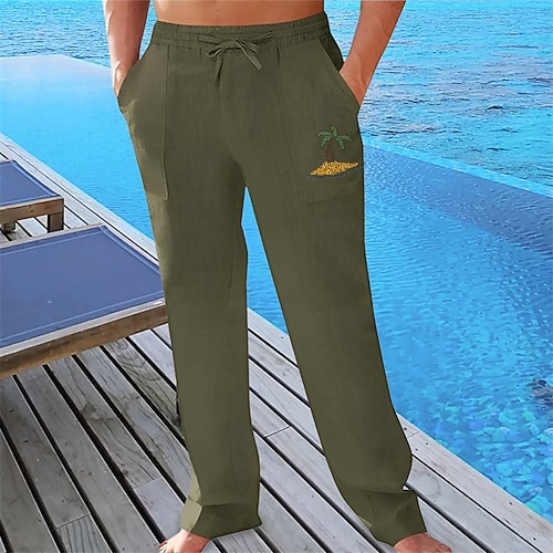 Herren Leinenhosen Hose Sommerhose Strandhose Tasche Kordelzug Elastischer Bund Grafik Komfort Atmungsaktiv Urlaub Täglich Ferien Hawaiianisch Boho Kurkuma Weiß Image
