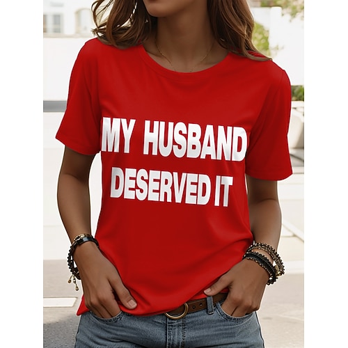 Damen T Shirt Druck Grafik Buchstabe Vintage Stilvoll Klassisch Kurzarm Rundhalsausschnitt Normale Oberteile Täglich Wochenende Blau Schwarz Weiß Rosa Armeegrün Sommer Frühling Ridicule Husband Image