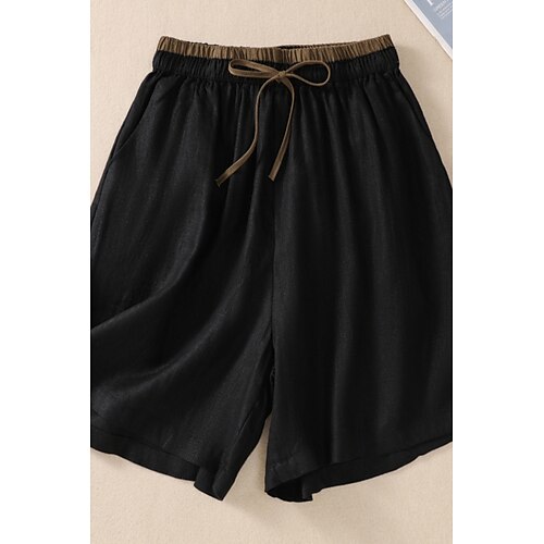 Damen Kunstbaumwollleinen Shorts Stoffhosen Sommershorts Streetwear Lässig Kurz Natürliche Taille Farbblock Tasche Elastisches Kordelzugdesign Bequem Außenbereich Outdoor Urlaub Aprikose Schwarz Gelb Image