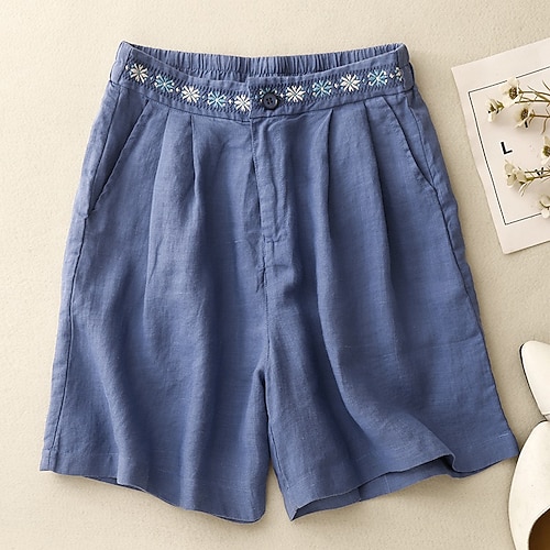Damen Kunstbaumwollleinen Shorts Stoffhosen Lässig Kurz Natürliche Taille Blume Tasche Drucken Bequem Straße Ausgehen Saphirblau Dunkelmarine Purpur Orange Sommer Normale Passform Image