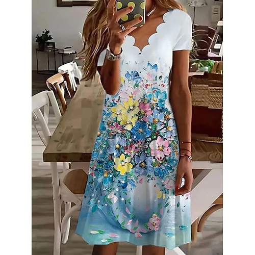 Damen Minikleid A Linie Kleid Sommerkleid Lässig Täglich Normale Passform Blumen Grafik Kurzarm V Ausschnitt Schwarz Weiß Rosa Blau Sommer Image