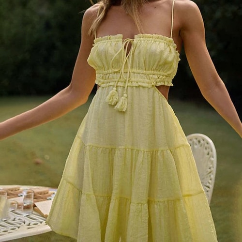 Damen Minikleid Weißes Kleid Abschlusskleid Unterkleid Mode Ferien Abschlussfeier Wochenende Normale Passform Einfach Ärmellos Spaghettiträger Hellgelb Schwarz Weiß Hellgrün Sommer Image