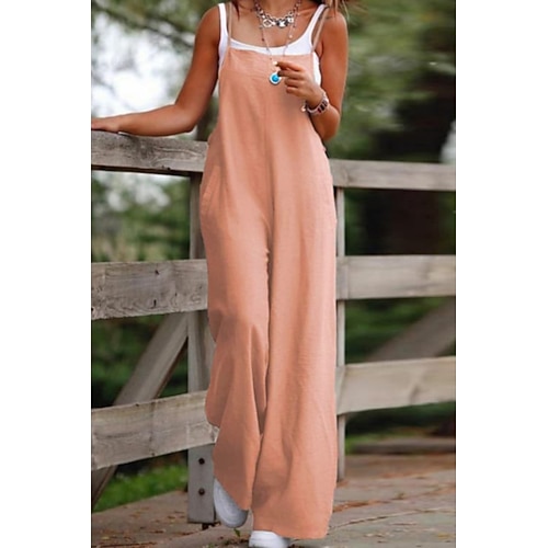 Damen-Jumpsuit, lässig, einfarbig, ärmellos, U-Ausschnitt, Tasche, Streetwear, Baumwoll-Leinen-Imitat, normale Passform, Schwarz, Olivgrün, Altrosa, Sommer Image