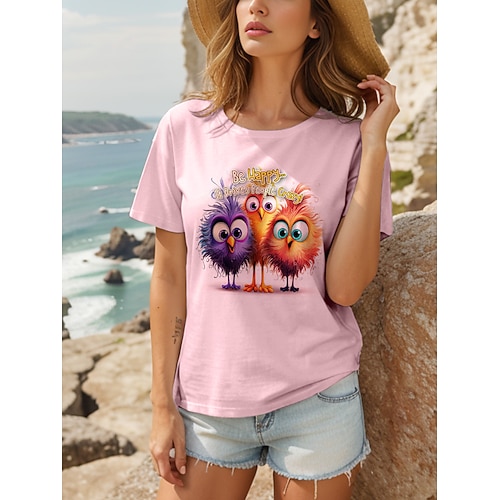 Damen T Shirt Druck Grafik Tiermotiv Vogel Vintage Stilvoll Klassisch Kurzarm Rundhalsausschnitt Rundhals Normale Oberteile Täglich Weiß Rosa Leicht Blau Sommer Frühling Image