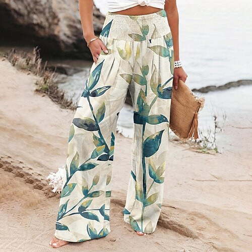 Damen Kunstbaumwollleinen Weites Bein Stoffhosen Streetwear Lässig Volle Länge Natürliche Taille Blumen Tasche Drucken Bequem Außenbereich Outdoor Urlaub Straße Rot orange Waldgrün Dunkelblau Image
