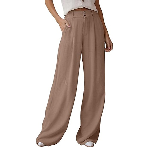 Damen Kunstbaumwollleinen Weites Bein Stoffhosen Streetwear Lässig Volle Länge Natürliche Taille Einfach Tasche Schnalle Bequem Außenbereich Outdoor Urlaub Aprikose Grau Marinenblau Schwarz Sommer Image