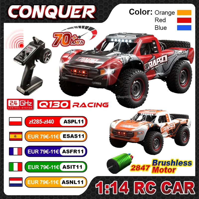 Wltoys Q130 1:14 70 KM/H haute vitesse 4WD voiture RC avec lumière LED voitures à moteur sans brosse télécommandé dérive monstre camion jouet
