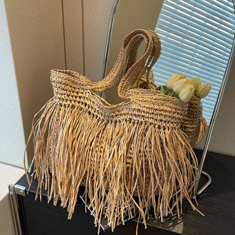 Sacs à bandoulière tissés à pampilles pour femmes, sacs à main à franges faits à la main, grand fourre-tout de plage d