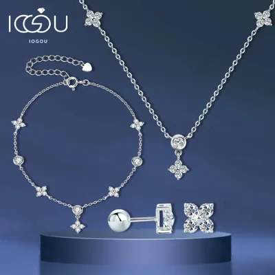 Real Moissanite Pendant Necklace Bracelet Earrings Sets For Women 925 Silver Rose Gold Plated Four Leaf Clover Jewelry Set Gift