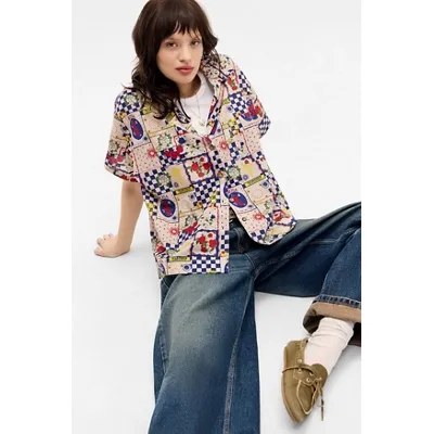 BDG Paige Printed Shirt - Blue 2XS at Urban Outfitters