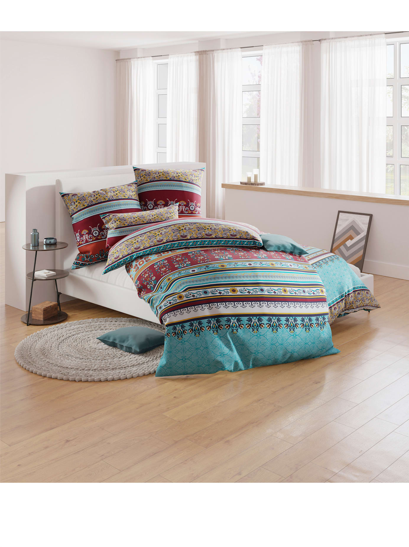 Bettwäsche WÄSCHEPUR Gr. 2, bunt (türkis, terra, bedruckt), B/L: 155cm x 200cm, Feinbiber, B/L: 80cm x 80cm, 2 Stk., Feinbiber, 100% Baumwolle, Bettwäsche, Bettwäsche