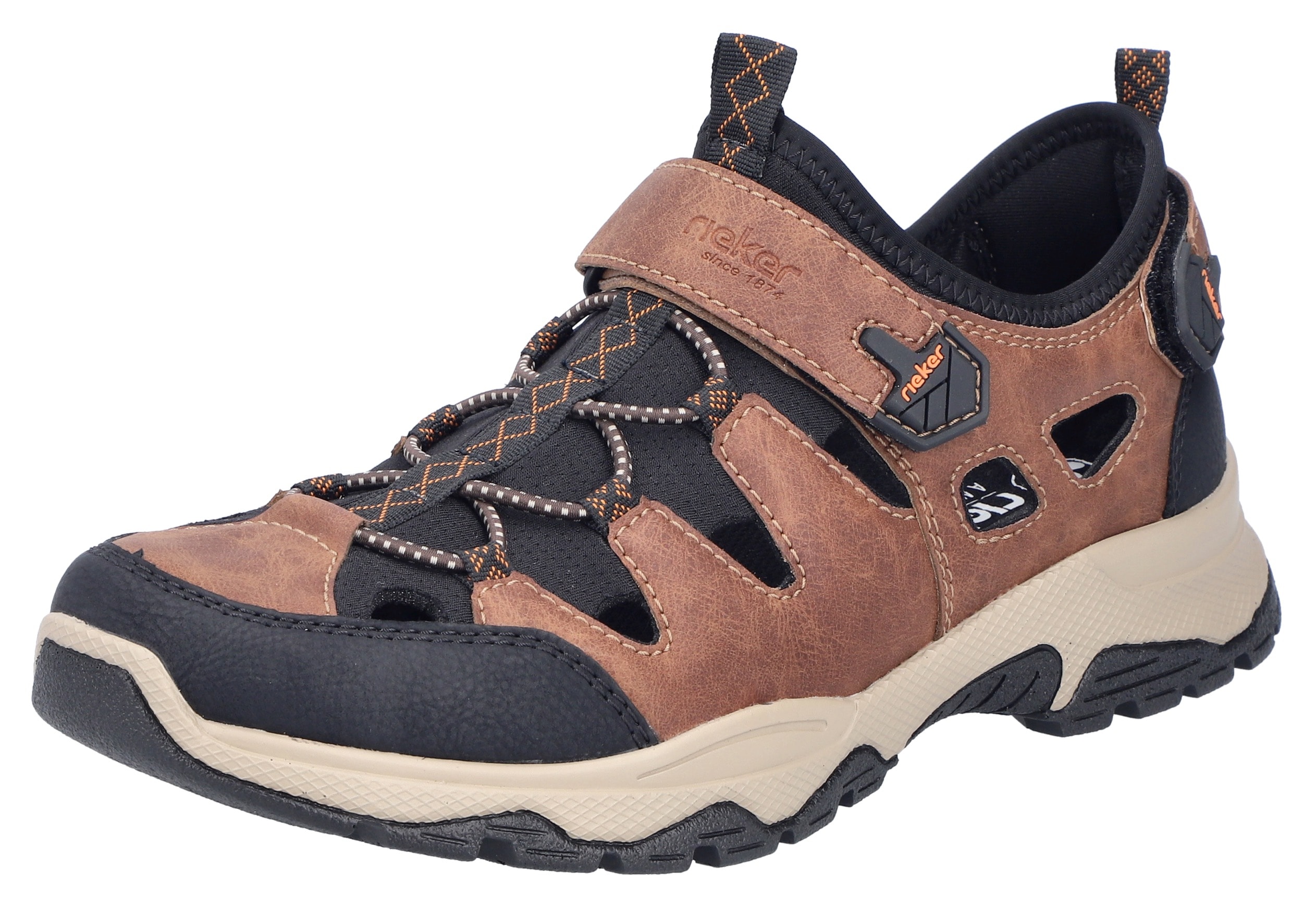 Slip-On Sneaker RIEKER, Herren, Gr. 46, braun (braun, schwarz), Lederimitat, Textil, Schuhe, Schlupfschuh, Trekkingschuh, Outdoorschuh mit luftigen Lochungen