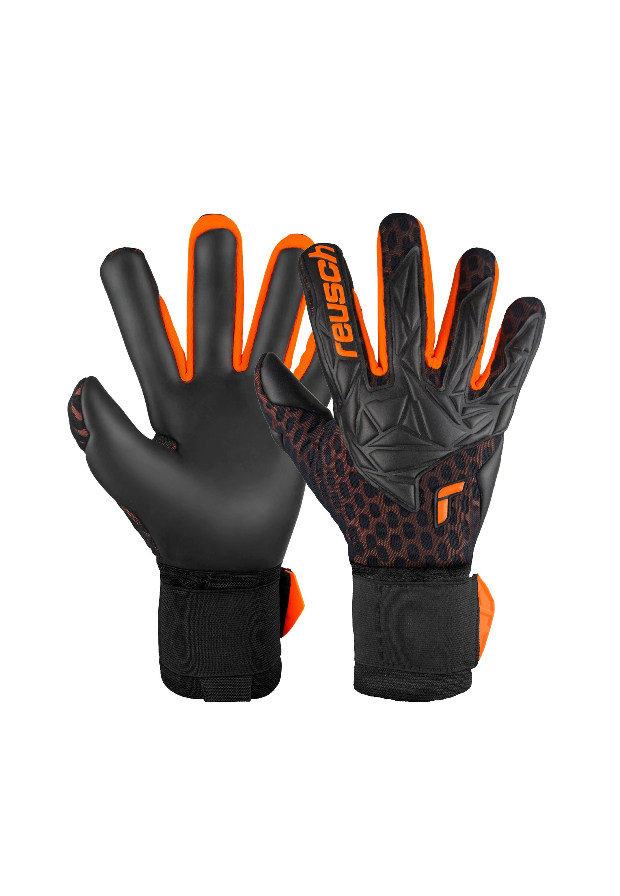 Torwarthandschuhe REUSCH "Attrakt Gold X Airvent", Damen, Gr. 105, orange (schwarz, orange), 52% Elastodien, 45% Polyester, 3% Polyamid, mehrfarbig, Handschuhe, mit Hybrid Negative Cut Image