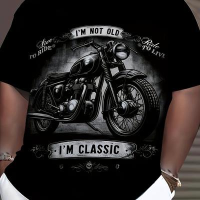 TEMU Men's Plus Size 3d Motorcycle Graphic Tee, Vintage Short Sleeve Crew Neck T-shirt, Casual Summer Top, 100% Polyester Knit Fabric, Stretch, Regular Fit - 150gsm Image