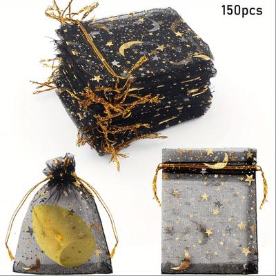 TEMU 150/200 Pack Metallic Foil Sheer Organza Bags With Twine Ties, Astrology Themed Fabric Gift Pouches For Party Favors, Jewelry Packaging, And Wedding Presents Image
