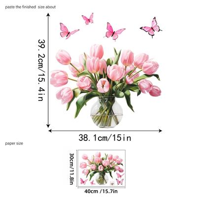 "TEMU Reusable Pink Tulip & Window Decal - Vibrant Pvc Sticker For Living Room, Bedroom, Or Balcony Decor, No Glue Needed, 11.8" X 15.7", Realistic With Multiple And Green Leaves" Image