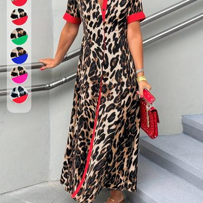 TEMU Women's Leopard Print Maxi Dress - Stylish Color Block, Short Sleeve With Button Detail, Casual Polyester Dress For Spring/summer , Casual Attire | Stylish Contrast Trim | Polyester Fabric Image