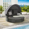 5 Pieces Outdoor Patio Round Daybed Furniture Wicker Conversation Set with Retractable Canopy and Soft Cushions Conveniently Washable Pool Round Bed for Patio Backyard and Porch Dark Gray