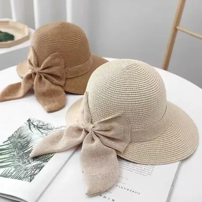 Wide Brim Beach Straw Hat Fashion Bowknot Fisherman Hat Casual UV Protection Sun Hat Breathable Travel Bucket Hat Panama Cap