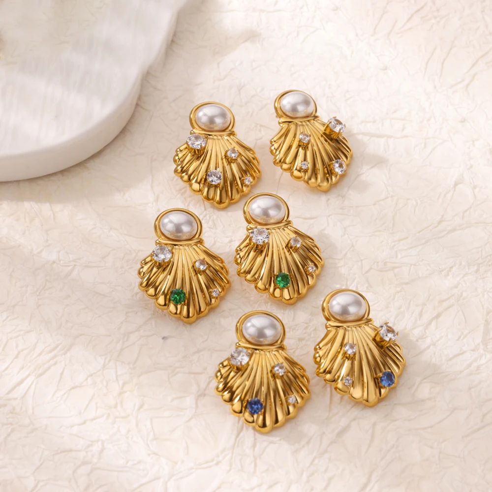 Kostenloser Versand Imitation Perle Shell Ohrring für Frauen Edelstahl Zirkon Shell Piercing Stud Ohrring Hochzeit Schmuck Geschenk Image