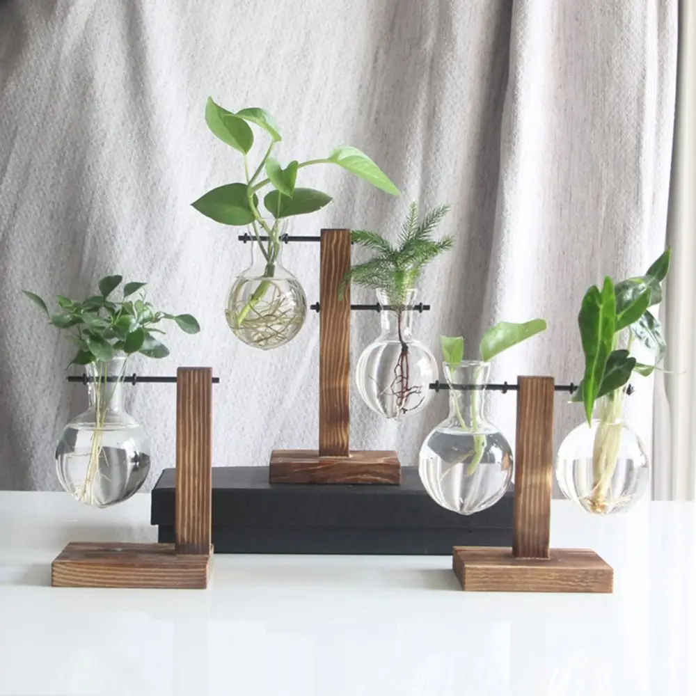 Glas und Holz Vase Pflanzer Terrarium Tisch Desktop Hydro ponik Pflanze Bonsai Blumentopf hängende Töpfe mit Holz tablett Wohnkultur Image