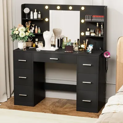 Vanity Desk with LED Lighted Mirror&Power Outlet, 3 Model Lights Makeup Vanity Table with 7 Drawers