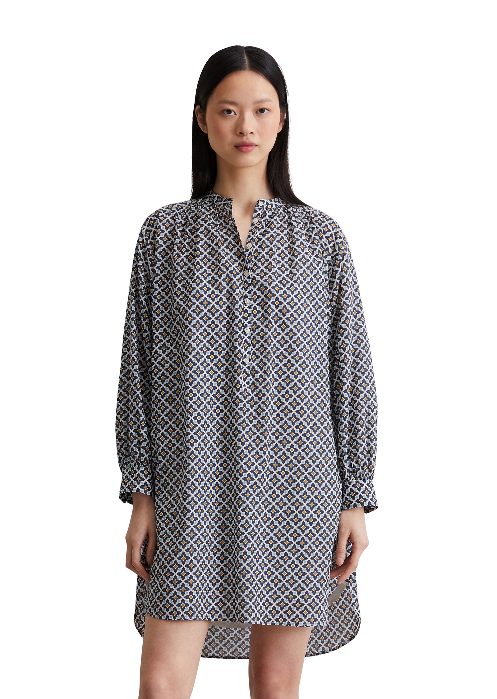 Hemdblusenkleid MARC O'POLO "aus leichtem Baumwoll-Voile", Damen, Gr. 46, Normalgrößen, bunt (mf50), Obermaterial: 100% Baumwolle; Futter: 100% Modal, bedruckt, relaxed fit knielang, Manschette, Kleider