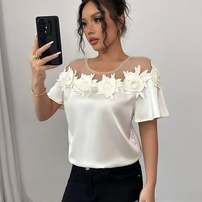 TEMU Elegant White Lace-trimmed Casual Dress For Women - Round Neck, Short Sleeve, Knee-length With Floral Detailing, Spring/summer, Casual Summer Dress | Round Neck Dress | Lace Trim Detailing Image