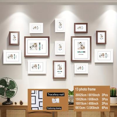 TEMU Combination Of 13 Wooden Photo Frames, Suitable For Family Wall Decoration, Includes Positioning Drawings Image
