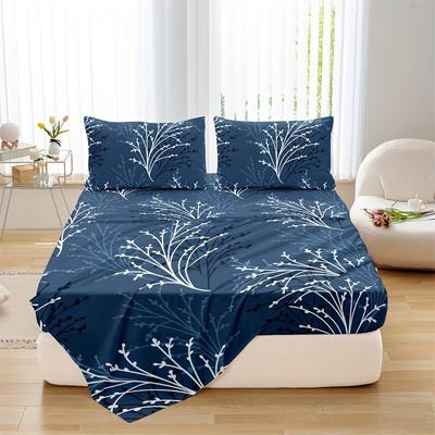 TEMU 4-piece Bedding Set: 1 Flat Sheet + 1 Fitted Sheet + 2 Pillowcases (without Pillow Core And Comforter) - 100% Polyester, Floral Print, Machine Washable, Suitable For All Image