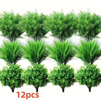 TEMU 12pcs Art Deco Uv Resistant Artificial Eucalyptus And Shrubs Set, Realistic, Plastic, Battery Free, With Eucalyptus Flower Garlands, For Outdoor Decoration, Weddings, Parties, Windowsills, Spring Image