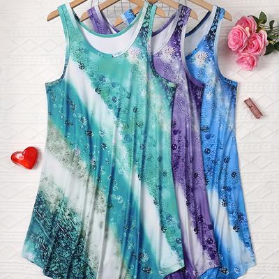 TEMU 3pcs Plus Size Women's Sleeveless Sleep Dresses - Casual & Comfy, Floral & Ombre Prints, Stretchy Polyester , Machine Washable Nightgowns, Plus Size Clothing Image