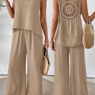 TEMU Round Neck Solid Color Sleeveless Top And Pants, 2pcs Set Image