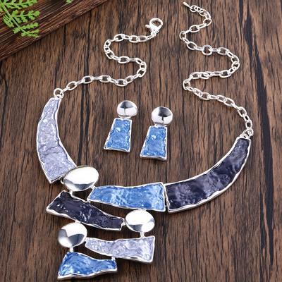 TEMU Elegant Geometric Alloy Jewelry Set, Hollow-out Colorblock Oil-drip Necklace And Earrings Set, Versatile Fashion Accessory For Women, With For , Parties, And Campus Celebrations - All Image