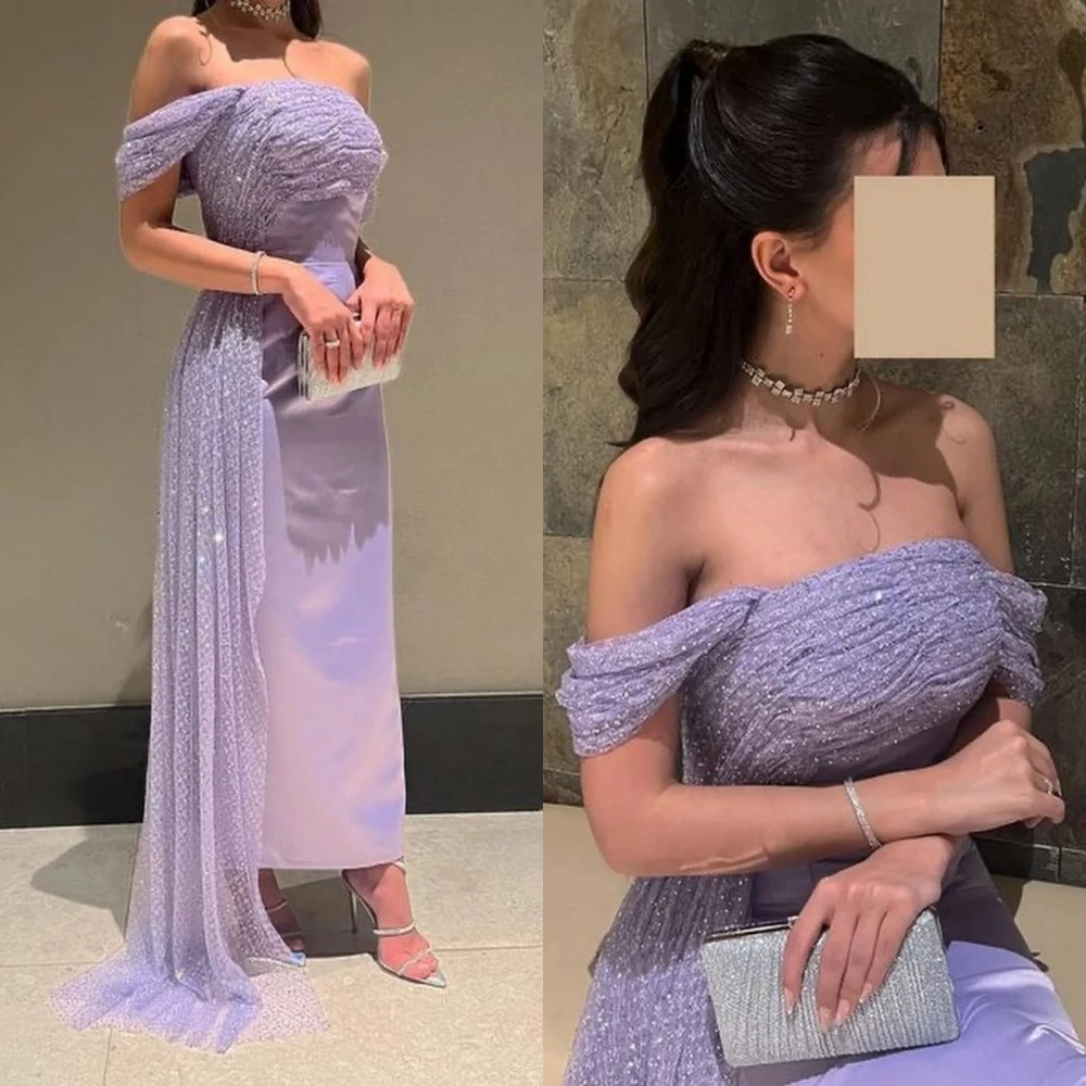Customized Sparkle One-shoulder Sheath Anke Length Evening Dresses Sequin Vertically Tulle S Formal Occasion Gown فساتين نسائيه