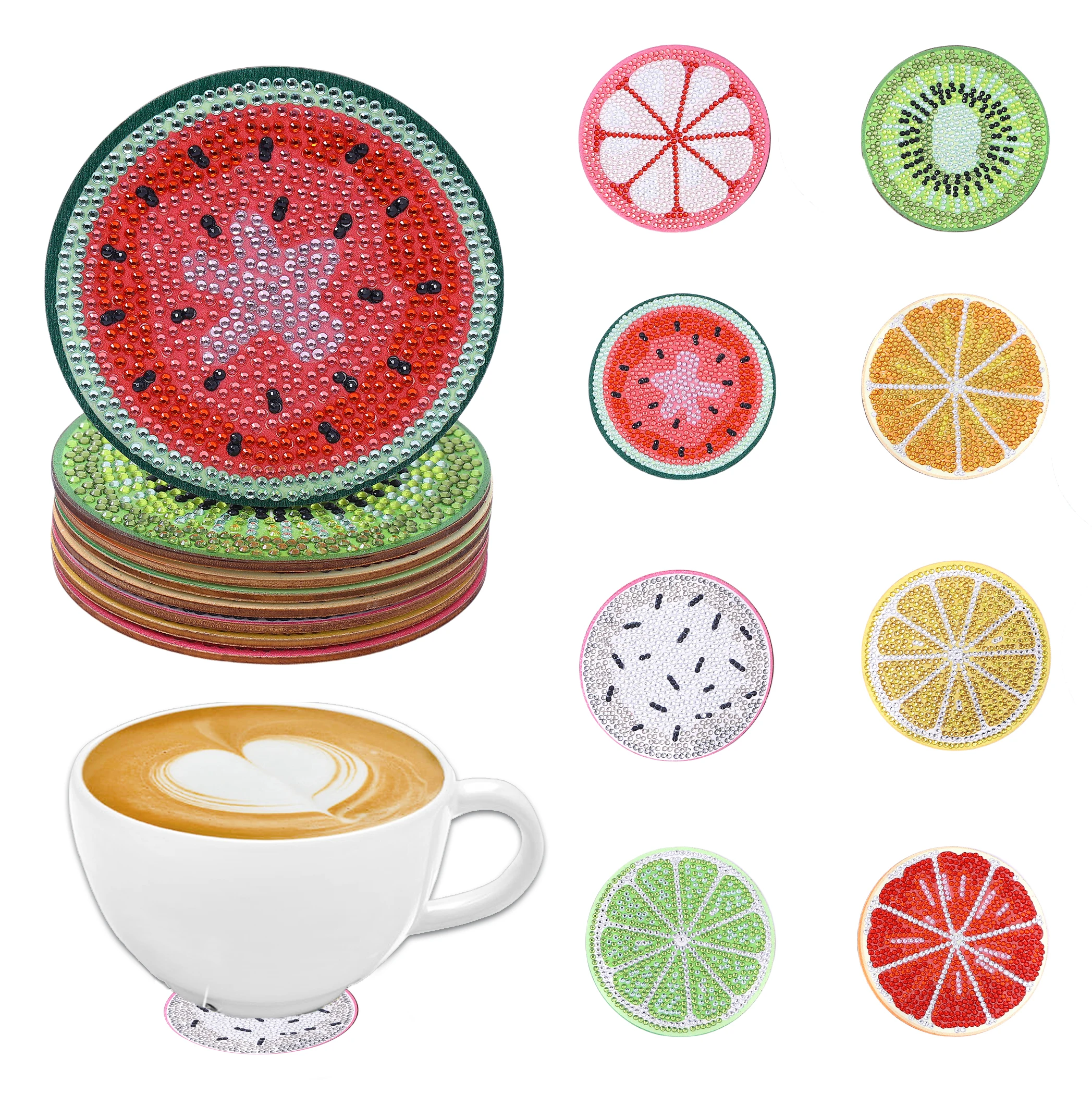 8-teiliger DIY-Untersetzer mit Obstmuster, Diamant-Kunstmalerei, ohne Getränkehalter, Holzuntersetzer für Wohnzimmer, Büro, Bar, Restaurant Image