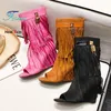 Retro Stil Wildleder Kurze Stiefel Frau Peep Toe Quasten Stiefel 8CM Keile Heels Höhe Erhöhen Schuhe Große Größe Booties für Frauen