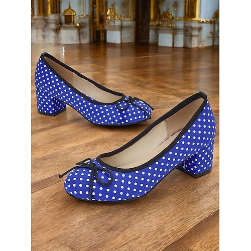 Rote Damen-Blockabsätze mit Punkten – Vintage-Pumps mit Schleife für Retro-Partys, Tanz und Outfits im Stil der 50er Image