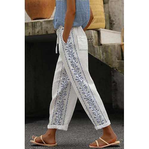 Damen Kunstbaumwollleinen Stoffhosen Lässig Volle Länge Natürliche Taille Blumen Tasche Drucken Elastisches Kordelzugdesign Bequem Straße Ausgehen Schwarzgrau Magenta Dunkelrot Pfauenblau Sommer Image