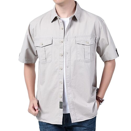 Herren Hemd Sommerhemd Freizeithemd Knopfhemd Cargohemd Dunkel Blau Kaki Armeegrün Beige Grau Kurzarm Einfach Hemdkragen Urlaub Hawaiianisch Tasche Bekleidung 100% Baumwolle Mode Lässig Bequem Image