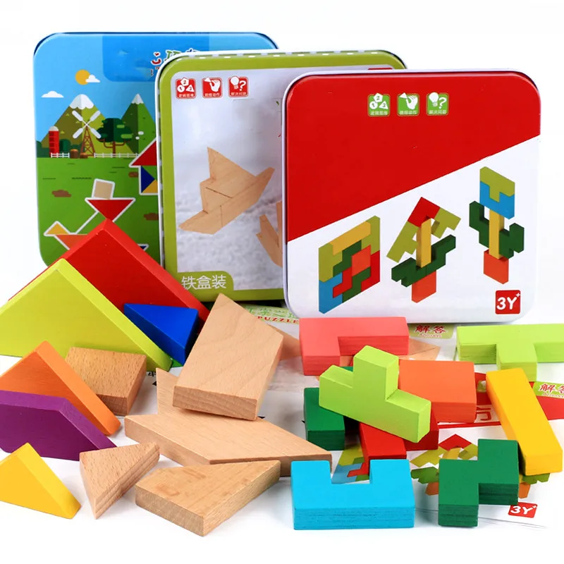 Montessori-Holzpuzzles für Kinder, Tangram-Puzzle, Handgreifbretter, Lernspielzeug mit Cartoon-Formen für Babygeschenke Image