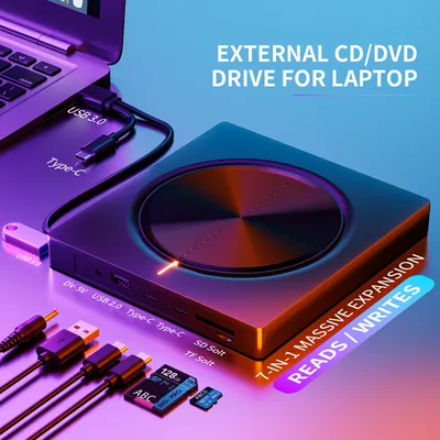 8 in 1 Portable External CD/DVD Player Reader Writer ROM ,CD Burner Disk Drive for Laptop Desktop