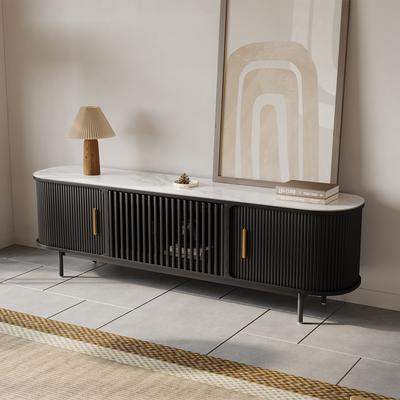 70.87"Mid-Century Modern Glossy Sintered Stone Tabletop TV Stand,Black Tambour Door Media Console,Rolling Door TV Console