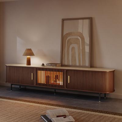 94.49" Mid-Century Modern Walnut TV Stand with White Matte Travertine Stone Tabletop and LED Lights, Walnut Color Tambour Door Media Console, Rolling Door TV Console
