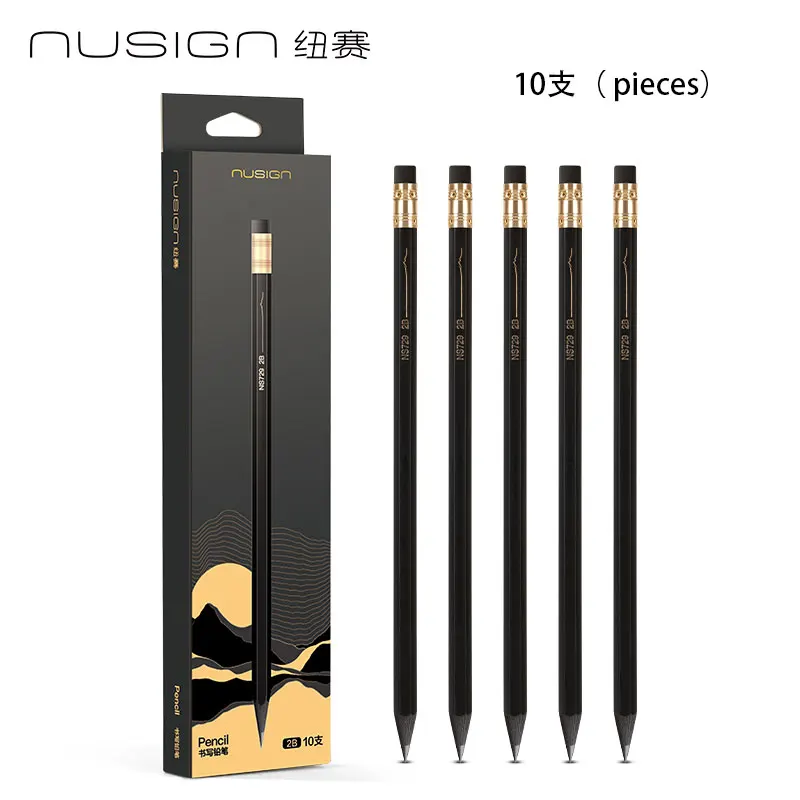 NUSIGN 10er-Pack schwarz-goldene Massivholzstifte für Studenten und Fortgeschrittene Skizzierkünstler, Schule, Büro, Mode, Schreibwaren, Geschenke Image